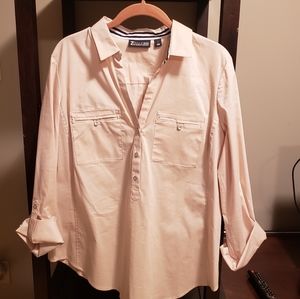 New York and Company collard pull over chest pocket roll tap sleeve shirt
